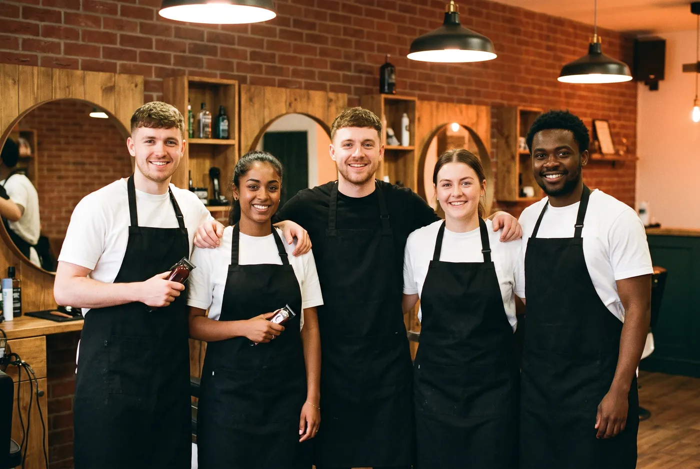 Five barber students in black aprons smiling together in a barbershop