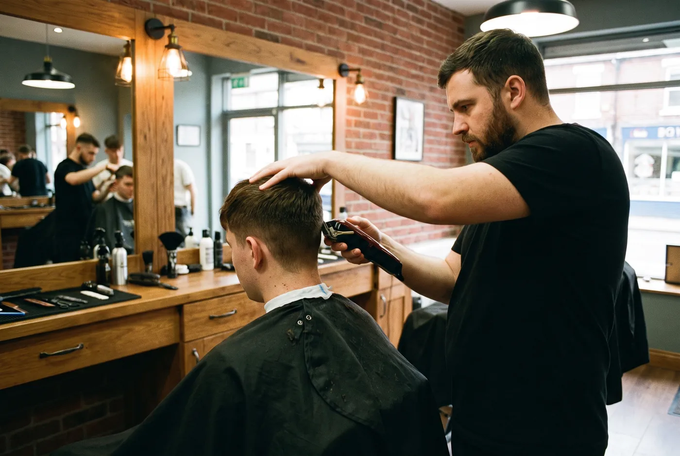 A barber fading the side of a client's hair with clippers, seen over the client's shoulder