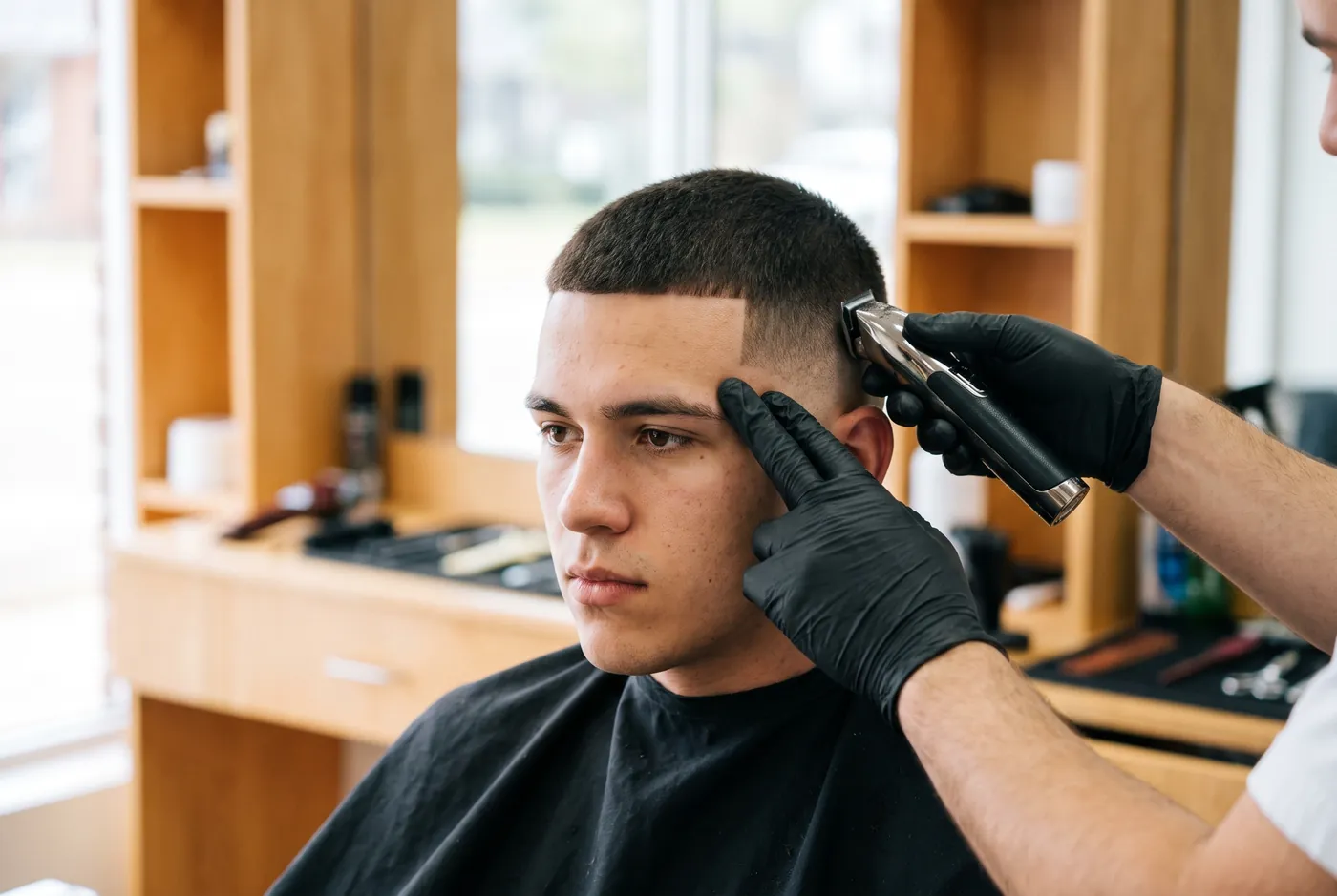 Close-up of a trimmer finishing a sharp line-up at a client's temple
