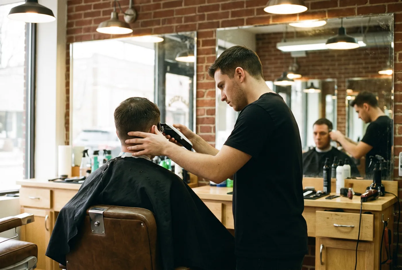 A barber working on a client at a maple wood station, reflected in the mirror
